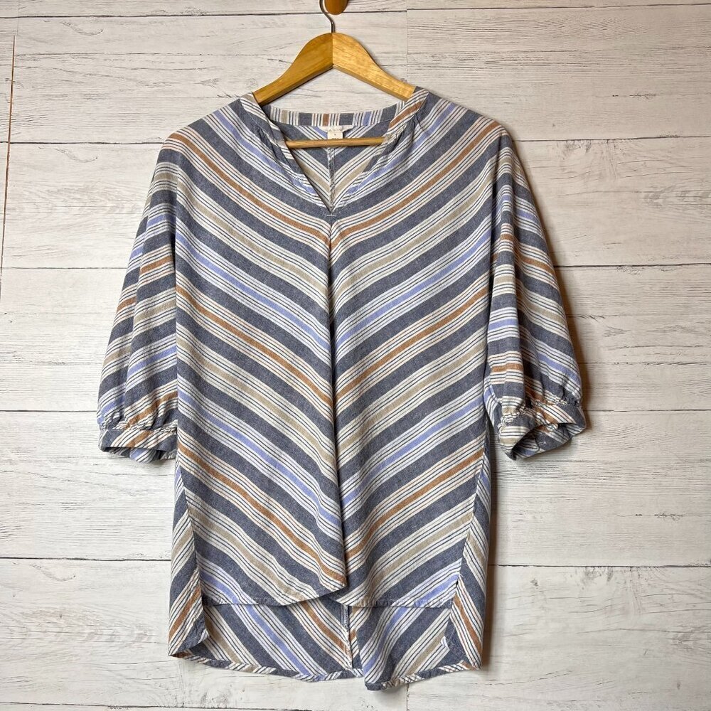 Caslon Top Womens Size Small Blue, White & Tan Striped V Neck Tunic Linen Blend